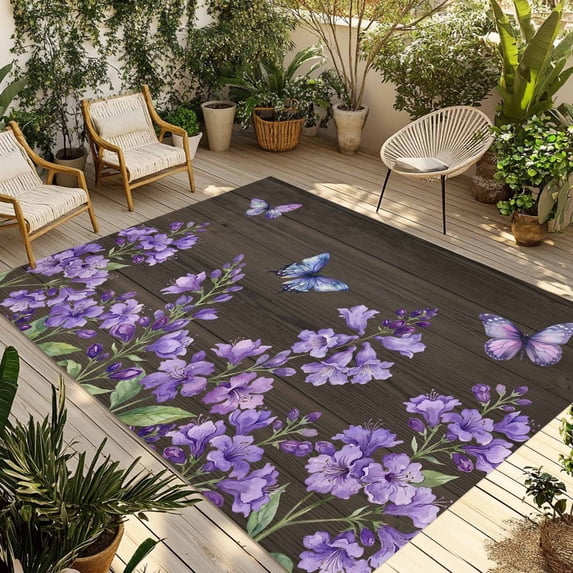 Purple Flowers Outdoor Rug for Patio/Deck/Porch, Non-Slip Large Area Rug 6 x 9 Ft, Butterfly Spring Floral Wooden Farmhouse Indoor Outdoor Rugs Washable Area Rugs, Camping Rug Carpet Runner