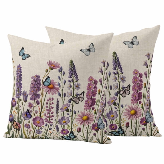 Purple Flowers Outdoor Waterproof Pillow Covers, Spring Butterflies Lavender Daisy Beige Decorative Square Throw Pillowcase Sofa Cushion Sham for Patio/Couch/Chair, 26"x26" 2 Pack