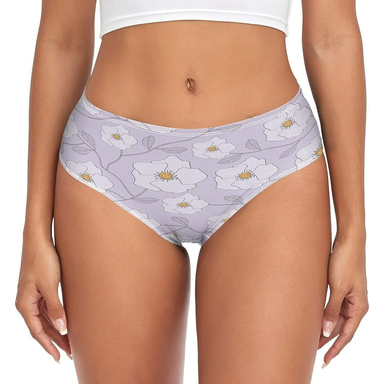 Purple Flowers Pattern Women's Underwear Comfy Ladies Briefs Mid  Waisted Breathable Stretch Underpants 