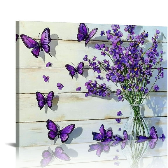 Purple Flowers Picture Canvas Prints Wall Art Room Wall Decor Floral on The Wooden Frame Background Painting for Bathroom Bedroom Home Wall Decoration Modern Artwork Poster Stretched Ready To Hang