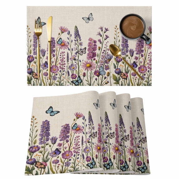 Purple Flowers Placemats Set of 12, Spring Butterflies Lavender Daisy Beige Placemats for Dining Table, Place Mats for Kitchen Tabletop, Waterproof Wipeable Dining Table Mats Set