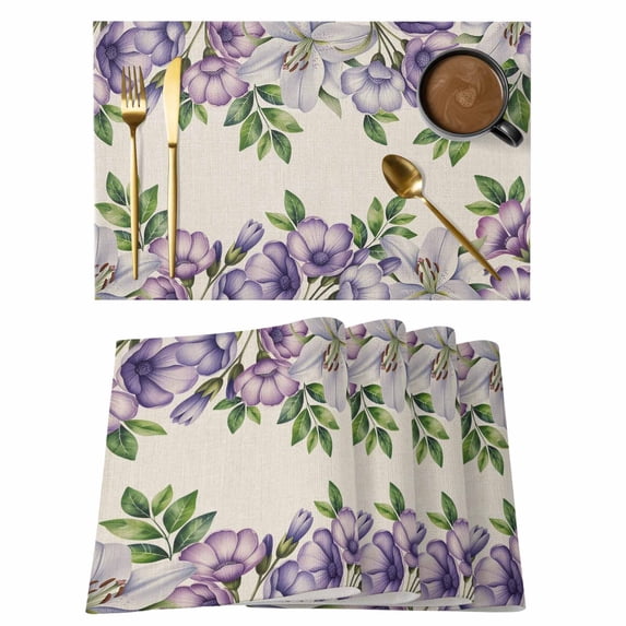 Purple Flowers Placemats Set of 4, Spring Leaves Floral Plants Beige Placemats for Dining Table, Place Mats for Kitchen Tabletop, Waterproof Wipeable Dining Table Mats Set