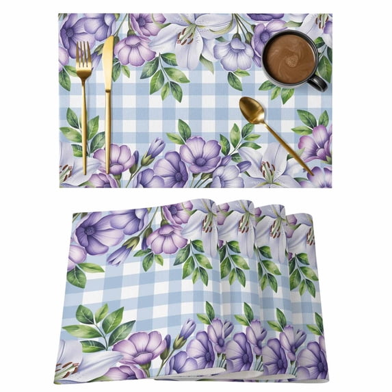 Purple Flowers Placemats Set of 6, Spring Floral Leaves Plants Blue Plaid Placemats for Dining Table, Place Mats for Kitchen Tabletop, Waterproof Wipeable Dining Table Mats Set