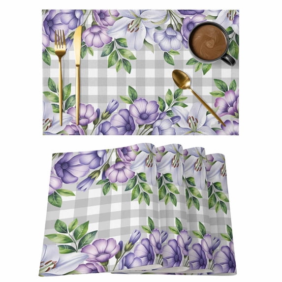 Purple Flowers Placemats Set of 8, Spring Floral Leaves Plants Gray Plaid Placemats for Dining Table, Place Mats for Kitchen Tabletop, Waterproof Wipeable Dining Table Mats Set