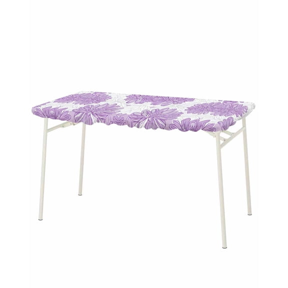 Purple Flowers Rectangle Tablecloth, Waterproof Elastic Fitted Table Covers for 8 Foot Tables, 32x96inch Decorative Tablecloths for Picnic, Camping, Outdoor, Modern Simple Spring Garden Florals