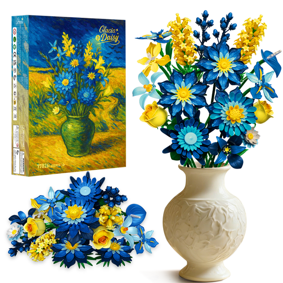 OKKIDY Glacia Daisy Flower Bouquet Building Blocks Set, Ice Blue Botanical Collection Artificial Plant Toy, DIY Bricks Home Decor, Mother's Day Gifts for Mom Women Adults & Girls