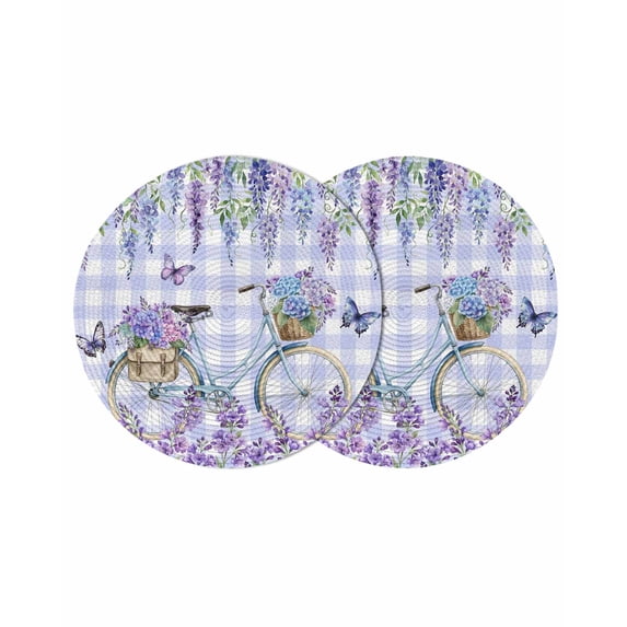 Purple Flowers Round 13 Inch Placemats Set of 2, Weeping Spring Floral Bicycle Checkered HeatResistant Non Slip Place Mats for Dining Table, Wipeable Braided Kitchen Table Mats for Housewarming