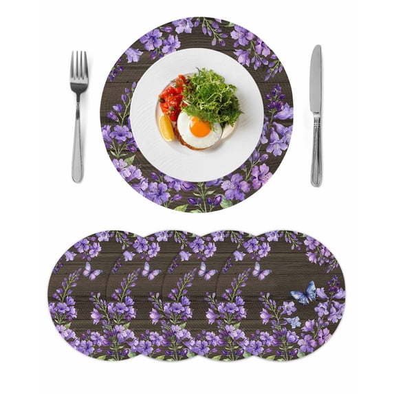 Purple Flowers Round 13 Inch Placemats Set of 4, Butterfly Spring Floral Wooden Farmhouse HeatResistant Non Slip Place Mats for Dining Table, Wipeable Braided Kitchen Table Mats for Housewarming