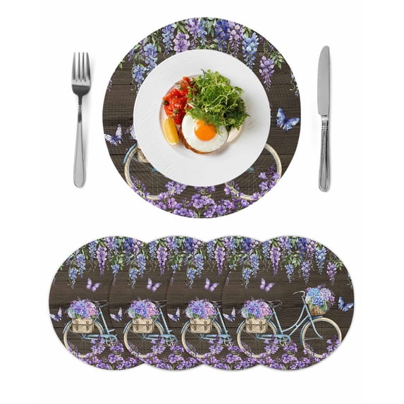 Purple Flowers Round 13 Inch Placemats Set of 4, Weeping Spring Floral Bicycle Wooden Farmhouse HeatResistant Non Slip Place Mats for Dining Table, Wipeable Kitchen Table Mats for Housewarming