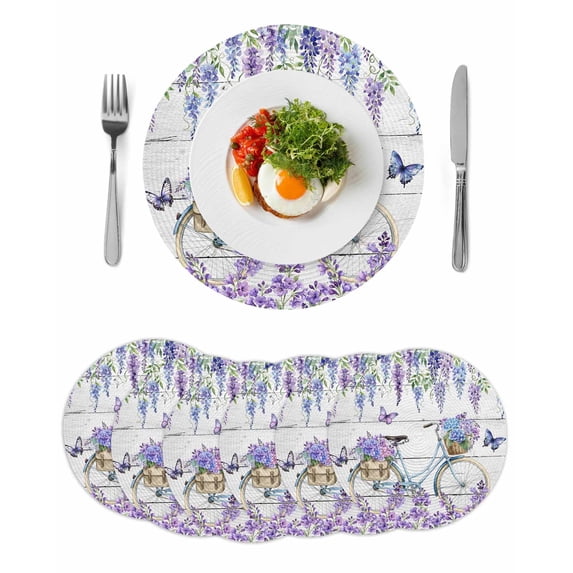 Purple Flowers Round 13 Inch Placemats Set of 6, Weeping Spring Floral Bicycle Wooden HeatResistant Non Slip Place Mats for Dining Table, Wipeable Braided Kitchen Table Mats for Housewarming