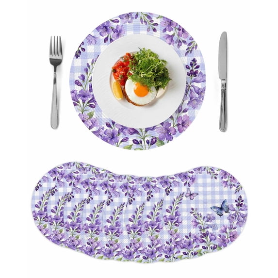 Purple Flowers Round 13 Inch Placemats Set of 8, Butterfly Spring Floral Checkered Farmhouse HeatResistant Non Slip Place Mats for Dining Table, Wipeable Braided Kitchen Table Mats for Housewarming