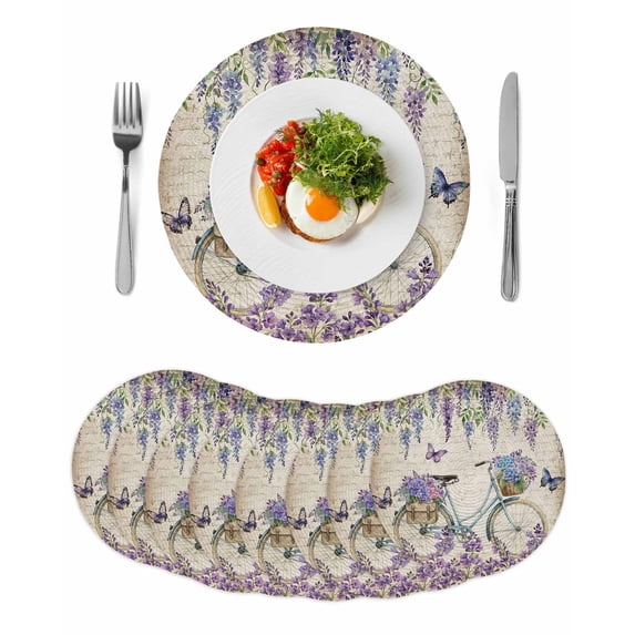 Purple Flowers Round 13 Inch Placemats Set of 8, Weeping Spring Floral Bicycle Retro Art HeatResistant Non Slip Place Mats for Dining Table, Wipeable Braided Kitchen Table Mats for Housewarming