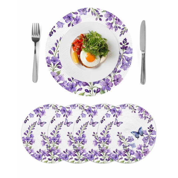 Purple Flowers Round 15 Inch Placemats Set of 4, Butterfly Spring Floral Watercolor Farmhouse HeatResistant Non Slip Place Mats for Dining Table, Wipeable Braided Kitchen Table Mats for Housewarming