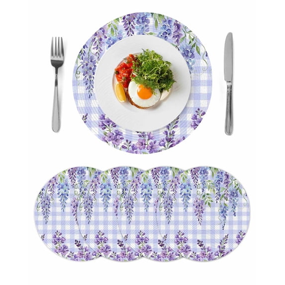 Purple Flowers Round 15 Inch Placemats Set of 4, Weeping Spring Floral Checkered Pastoral HeatResistant Non Slip Place Mats for Dining Table, Wipeable Braided Kitchen Table Mats for Housewarming