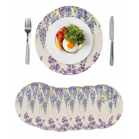 Purple Flowers Round 15 Inch Placemats Set of 6, Weeping Spring Floral Rustic Pastoral HeatResistant Non Slip Place Mats for Dining Table, Wipeable Braided Kitchen Table Mats for Housewarming