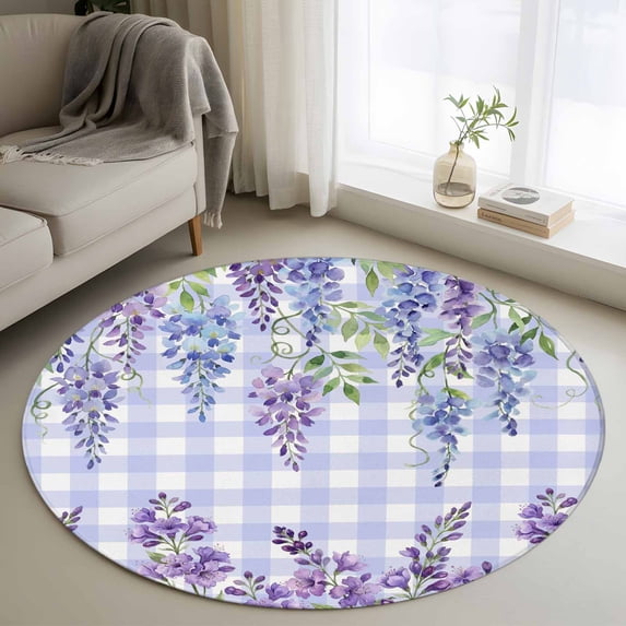 Purple Flowers Round Area Rug 4Ft Washable Circle Rugs for Bedroom Dining Room, Weeping Spring Floral Checkered Pastoral Non-Slip Carpet Floor Mats Indoor Outdoor Carpet Runner Aesthetic Home Decor