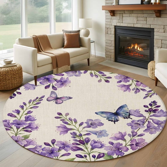 Purple Flowers Round Area Rug 7Ft Washable Circle Rugs for Dorm Laundry Room, Butterfly Spring Floral Rustic Farmhouse Non-Slip Carpet Floor Mats Indoor Outdoor Carpet Runner Aesthetic Home Decor