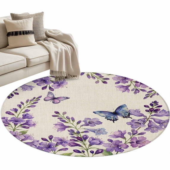 Purple Flowers Round Area Rugs Collection 3', Butterfly Spring Floral Rustic Farmhouse Non Slip Indoor Circular Throw Runner Rug Floor Mat Carpet for Living Room Dining Table Bedroom Nursery