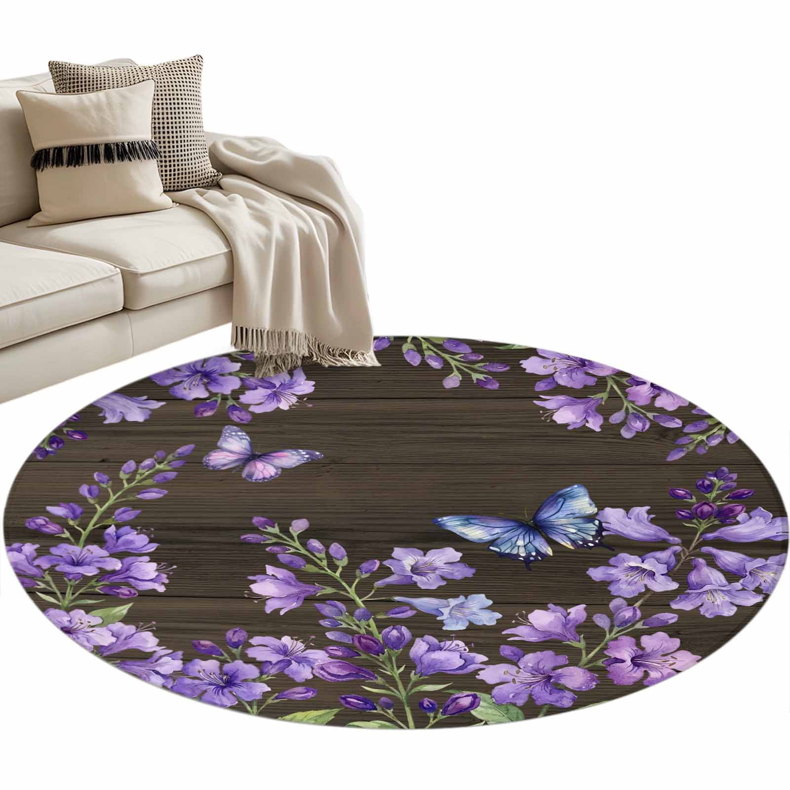Purple Flowers Round Rug 3.3Ft Spring Watercolor Butterfly Brown Wood ...