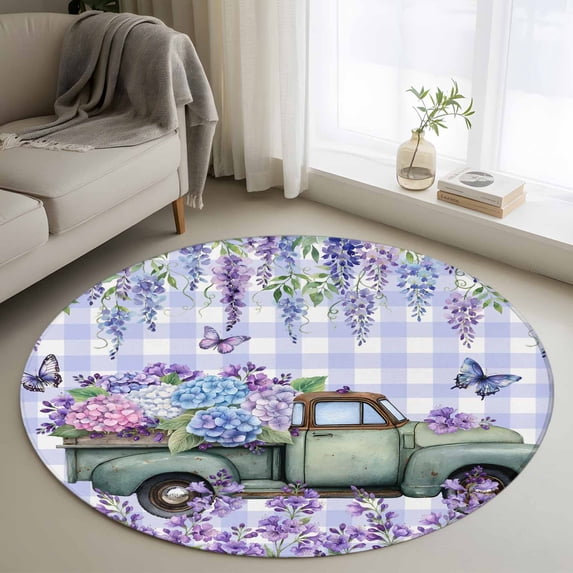 Purple Flowers Round Rug 3.3ft Washable Circle Entryway Rugs Non Slip Weeping Spring Floral Truck Butterfly Checkered Area Rug Indoor Floor Carpet for Bedroom Kitchen Home Office Dining Room