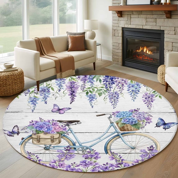 Purple Flowers Round Rug 7ft Washable Circle Rugs Non Slip Weeping Spring Floral Bicycle Wooden Large Area Rug Indoor Floor Carpet for Bedroom Kitchen Living Room Home Office Dining Room Nursery