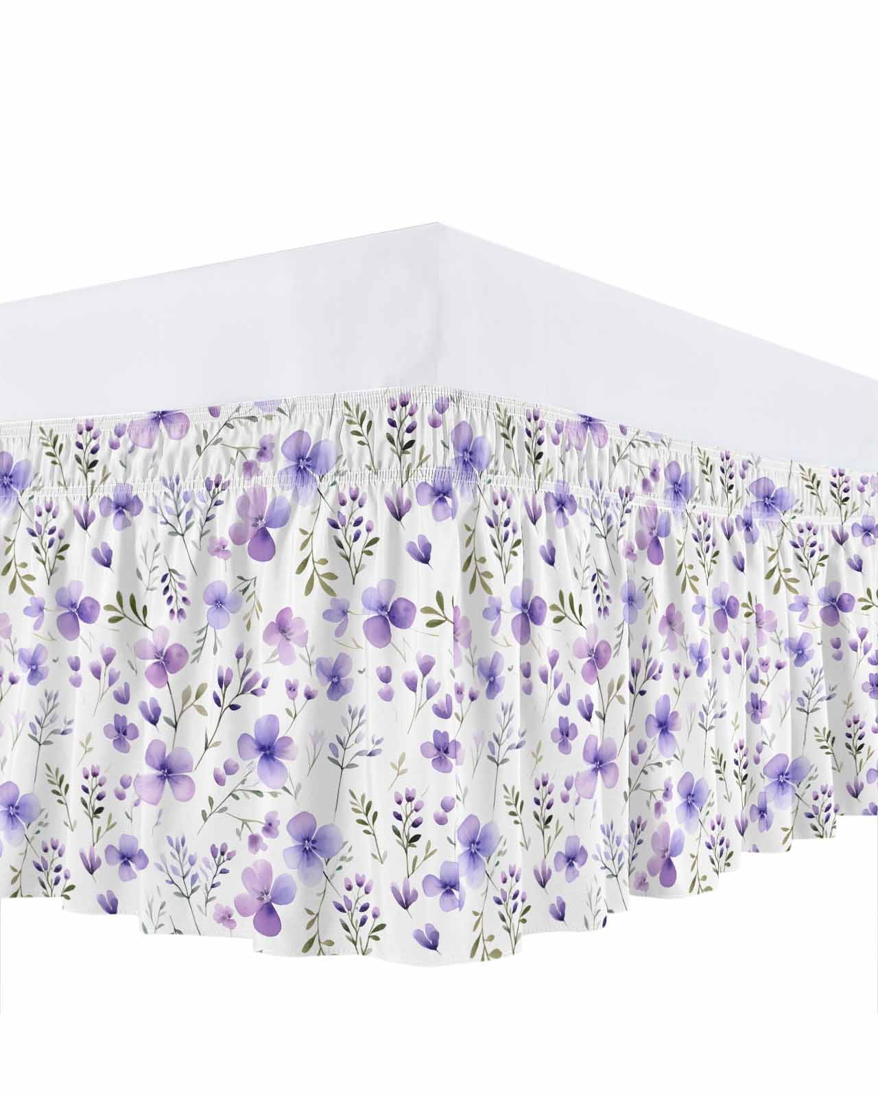 Purple Flowers Ruffle Bed Skirt Queen Size Spring Plant Adjustable Elastic Dust Bed Skirts Wrap Around Bedskirt Wrinkle Free Easy Fit with 18 Inch Drop