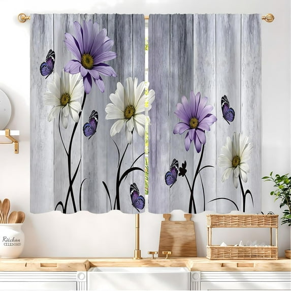 Purple Flowers Rustic Floral Daisy Kitchen Curtain 27.5W X 39L Inch 2 Panel Rod Pocket Lavender Country Wooden Butterfly Lilac Small Short Cafe Tier Window Drapes Grey Plank Bathroom Decor