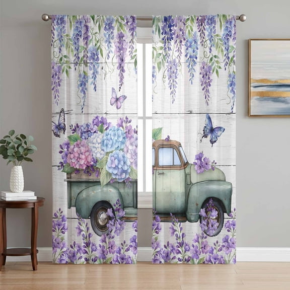 Purple Flowers Sheer Curtains 108 Inches Long 2 Panels Set, Window Sheer Curtains for Living Room/Bedroom, Weeping Spring Floral Truck Butterfly Wooden Light Filtering Rod Pocket Curtain 52''x108''x2