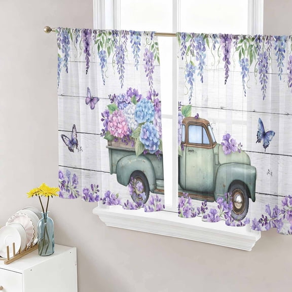 Purple Flowers Sheer Curtains 45 Inch Length 2 Panels Set Window Treatments, Weeping Spring Floral Truck Butterfly Wooden Rod Pocket Semi Curtains for Living Room/Bedroom/Kitchen Décor, 104"W x 45"L