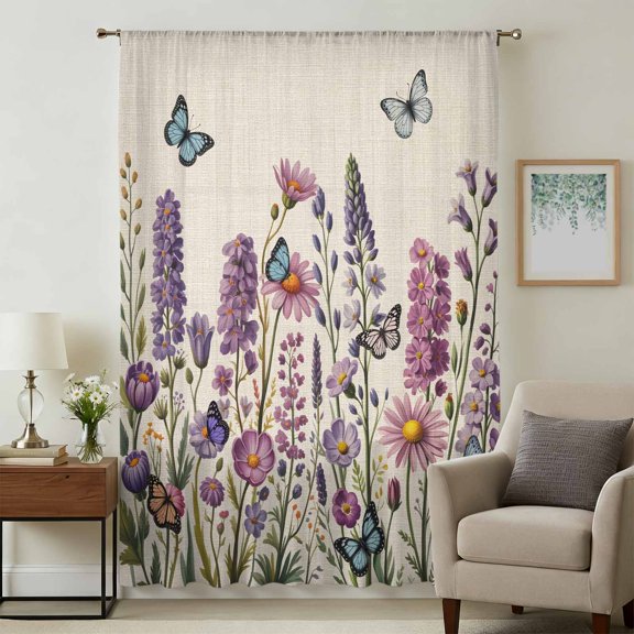 Purple Flowers Sheer Curtains 45 Inches Long, Spring Butterflies Lavender Daisy Beige Light Filering Curtains, Breathable Simi Curtain Privacy Drapes for Kitchen Bathroom Small Window Treatment