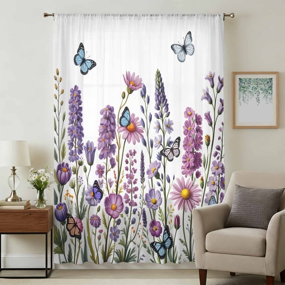 Purple Flowers Sheer Curtains 45 Inches Long, Spring Butterflies Lavender Daisy Botanical Light Filering Curtains, Breathable Simi Curtain Privacy Drapes for Kitchen Bathroom Small Window Treatment