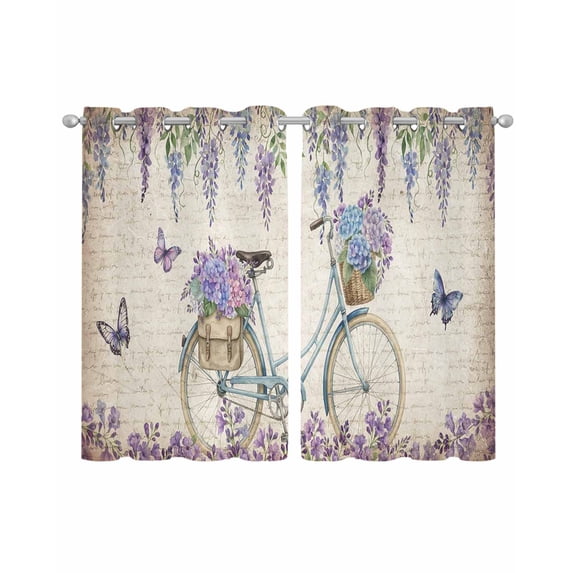 Purple Flowers Sheer Curtains 54 Inch Length 2 Panels Set for Living Room/Bedroom, Weeping Spring Floral Bicycle Retro Art Kitchen Curtains Grommet Semi-Sheer Curtains Window Treatments 42"x54"x2