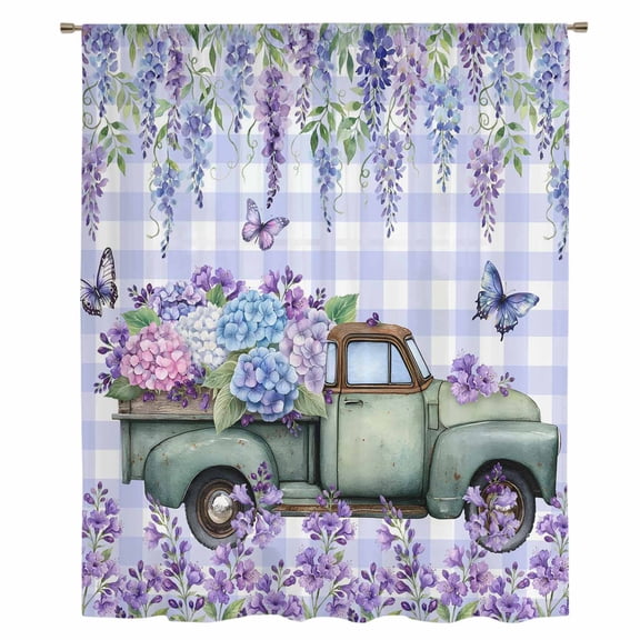 Purple Flowers Sheer Curtains 63 Inches Long, Weeping Spring Floral Truck Butterfly Checkered Light Filering Curtains, Breathable Simi Curtain Privacy Drapes for Living Room Bedroom Window Treatment