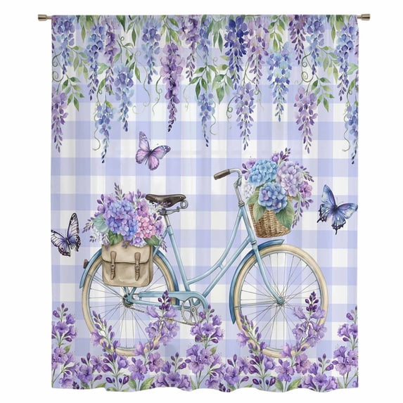 Purple Flowers Sheer Curtains 72 Inches Long, Weeping Spring Floral Bicycle Checkered Light Filering Curtains, Breathable Simi Curtain Privacy Drapes for Living Room Bedroom Window Treatment