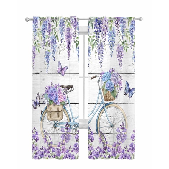 Purple Flowers Sheer Curtains 84 Inch Length 2 Panels Set for Living Room/Bedroom, Weeping Spring Floral Bicycle Wooden Kitchen Curtains Grommet Semi-Sheer Curtains Drapes Window Treatments 42"x84"x2