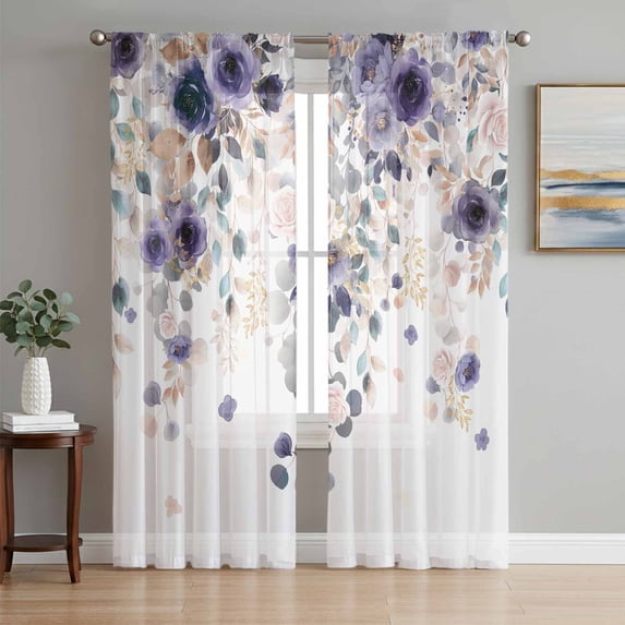 Purple Flowers Sheer Curtains 84 Inch Length 2 Panels Set, Spring Floral Elegant Pastoral Watercolor Voile Window Treatment Rod Pocket Curtains Sheers Drapes for Bedroom/Living Room/Kitchen 52"x84"x2