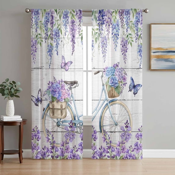 Purple Flowers Sheer Curtains 96 Inch Length 2 Panels Set Window Treatments, Weeping Spring Floral Bicycle Wooden Rod Pocket Semi Curtains for Living Room/Bedroom/Kitchen Décor, 104"W x 96"L