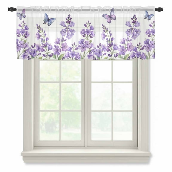 Purple Flowers Sheer Valances for Windows, Spring Watercolor Purple Butterfly Semi Sheer Kitchen Valance Rod Pocket Small Voile Window Curtains for Living Room Bedroom 60 x 18 Inch