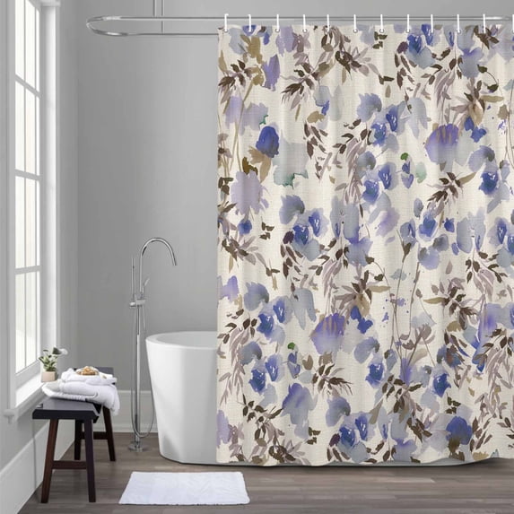Purple Flowers Shower Curtain for Bathroom Decor, Spring Watercolor Purple Floral Leaf Linen Texture Waterproof Fabric Shower Curtain, 72"x72" Set with 12 Hooks