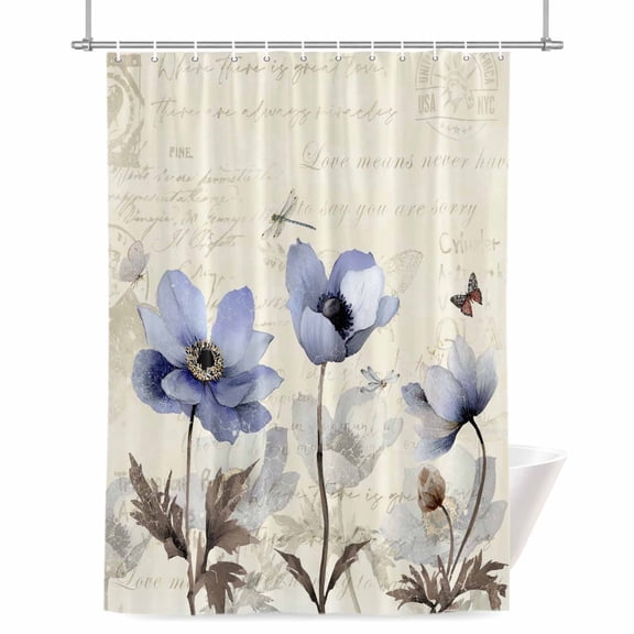 Purple Flowers Shower Curtain, Butterfly Dragonfly Watercolor Vintage Letter Waterproof Shower Curtain Set with 12 Hooks Lightweight Bath Curtains Fabric Bathroom Decor 72x78 Inches