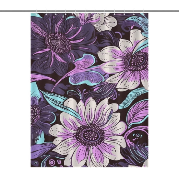 Purple Flowers Shower Curtain , Enchanted Forest Scenic Bathroom Decor Sets, Waterproof Fabric with Hooks