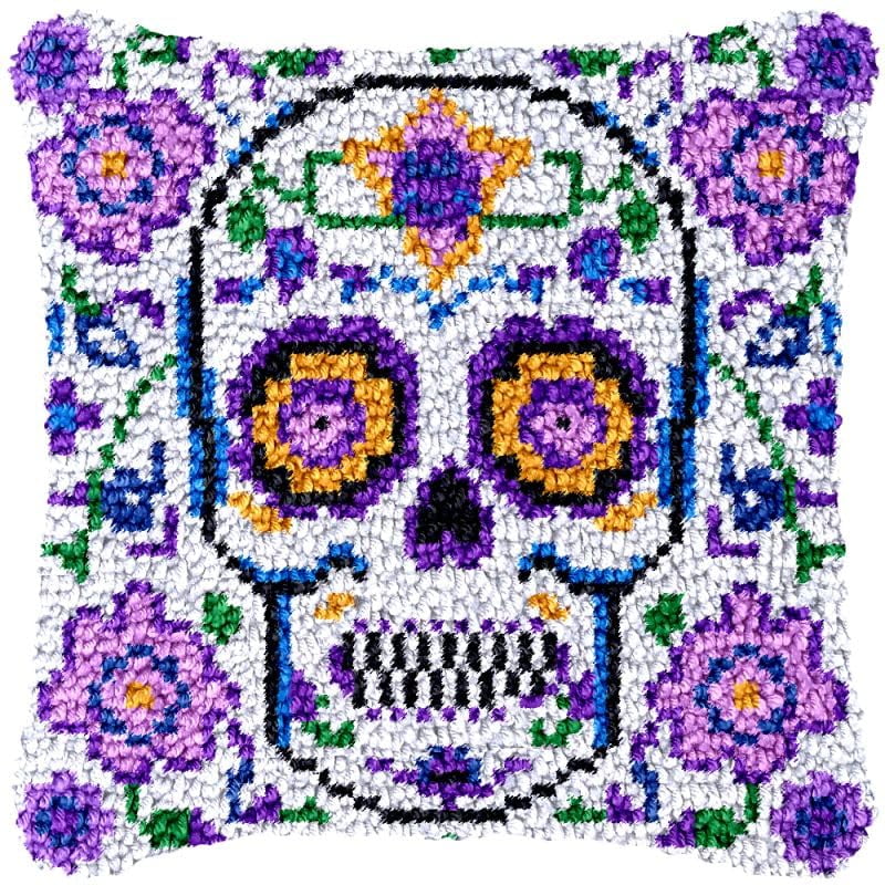 Purple Flowers Skull Latch Hook Pillow Cover Kits for DIY Handmade Throw Pillow Cross Stitch Latch Hook Pillowcase Rug Kits with Preprinted Color Pattern Canvas Crochet Yarn Kits 17''X 17''(ch4)