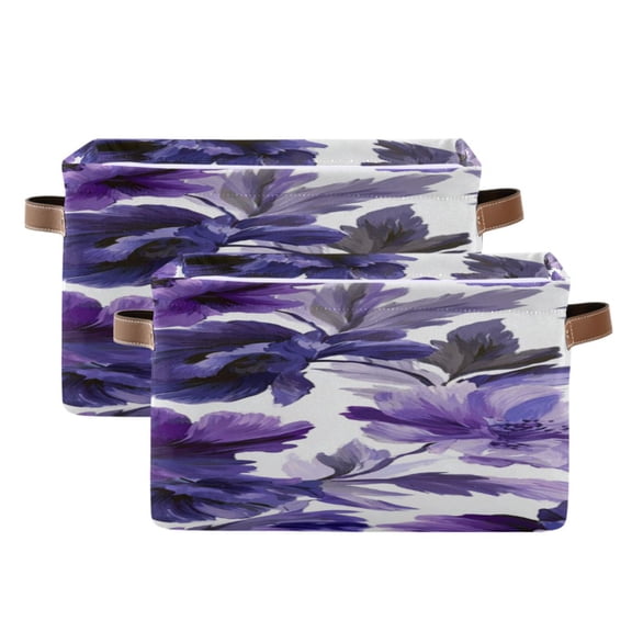 Purple Flowers Square Storage Bins with Handles Collapsible Containing Box 2 Packs
