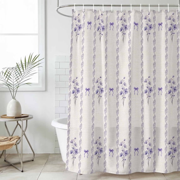 Purple Flowers Standard Shower Curtain Set, Waterproof Shower Curtains for Bathroom, Spring Floral Bows Lines Vintage Beige Washable Fabric Cloth Bath Curtain for Bathtub with Hooks 72x72 Inches