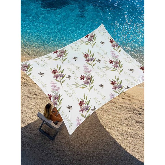 Purple Flowers Sun Shade Sail 14' x 18', Country Watercolor Pastoral Floral Birds Green Leaf Rectangle Outdoor Sunshade Canopy, Waterproof UV Block Patio Covers for Garden Yard Beach