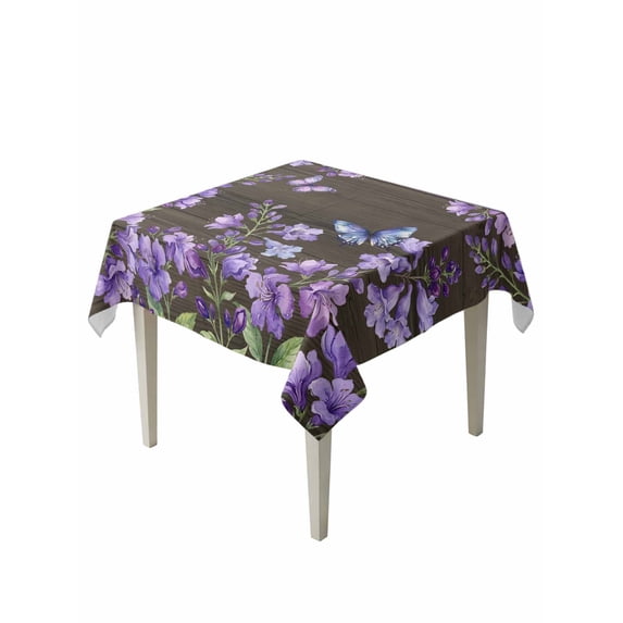 Purple Flowers Suqare Tablecloth - 54 x 54 Inch, Butterfly Spring Floral Wooden Farmhouse Waterproof & StainResistant Tablecloth, Washable Oil-proof Table Cover for Dining/Party/Wedding/Buffet