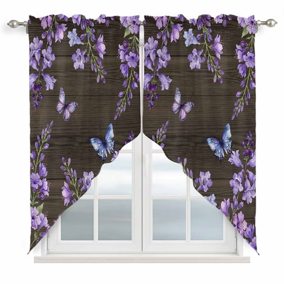 Purple Flowers Swag Curtains for Kitchen/Bedroom/Living Room, Butterfly Spring Floral Wooden Farmhouse Scalloped Curtains 63 Inch Long, Window Swag Topper Curtains Valances 2 Panels Set 36"x63"