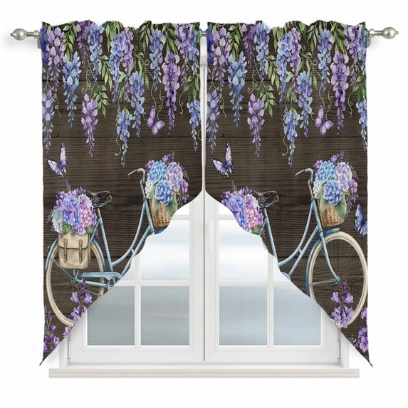 Purple Flowers Swag Curtains for Kitchen/Bedroom/Living Room, Weeping Spring Floral Bicycle Wooden Farmhouse Scalloped Curtains 63 Inch Long, Window Swag Topper Curtains Valances 2 Panels Set 36"x63"