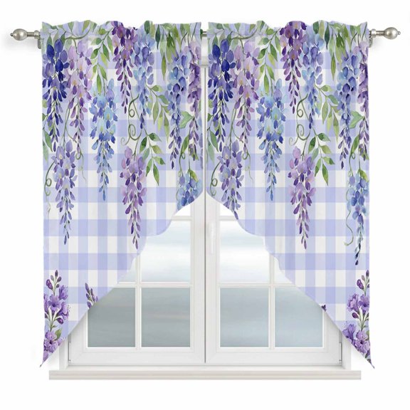 Purple Flowers Swag Curtains for Living Room/Bedroom, Weeping Spring Floral Checkered Pastoral Swag Kitchen Curtain Valances for Windows, Tier Topper Scalloped Curtain 2 Panels, 56"W x 36"L