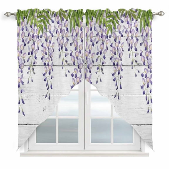 Purple Flowers Swag Valances for Windows 2 Pack, Kitchen Window Curtains 36 Inch Length, Weeping Elegant Spring Floral Wooden Pastoral Privacy Swag Curtains for Living Room/Bathroom 36"x36"